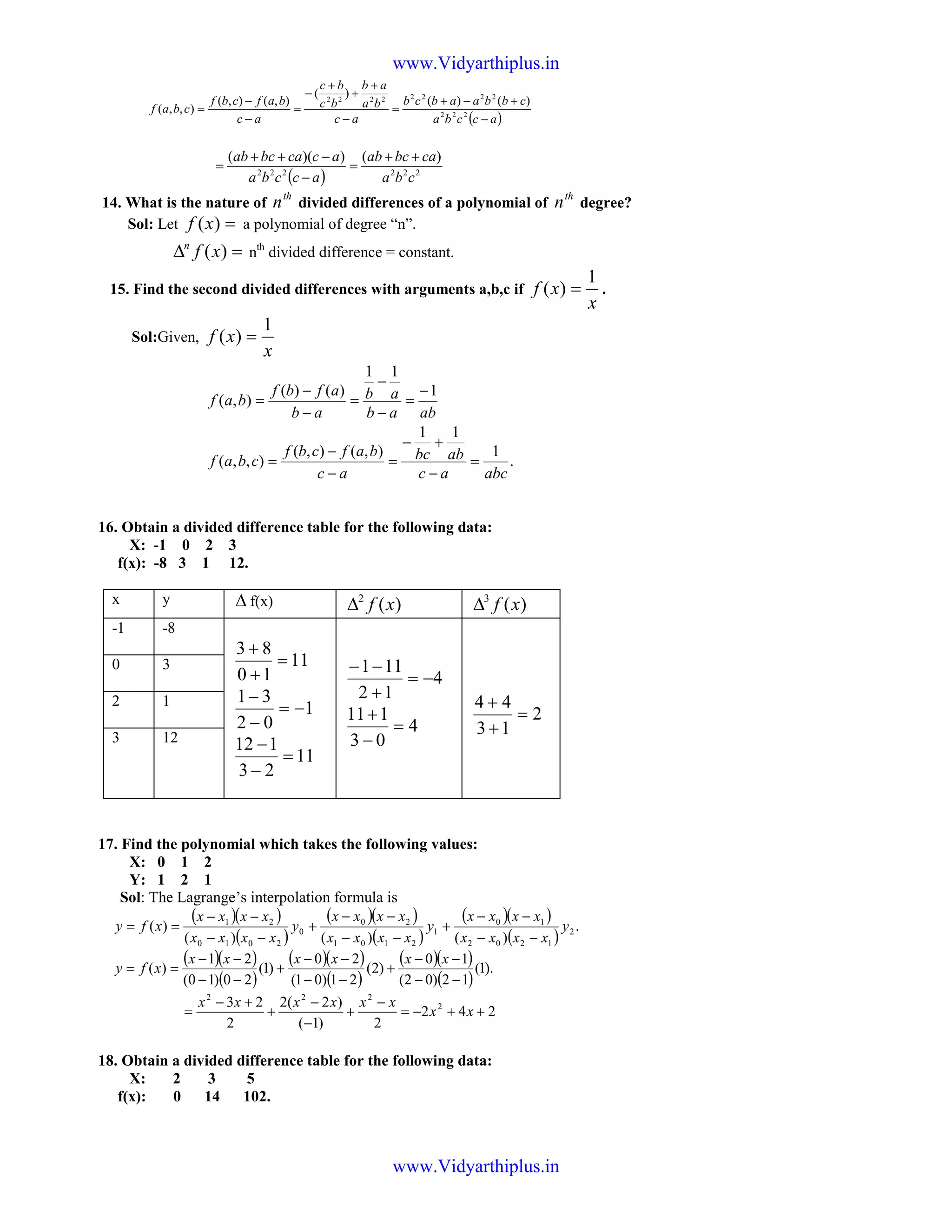 ( )accba
cbbaabcb
ac
ba
ab
bc
bc
ac
bafcbf
cbaf
−
+−+
=
−
+
+
+
−
=
−
−
= 222
22222222 )()(
)(
),(),(
),,(
( ) 222222
)())((
cba
cabcab
accba
accabcab ++
=
−
−++
=
14. What is the nature of
th
n divided differences of a polynomial of
th
n degree?
Sol: Let =)(xf a polynomial of degree “n”.
=∆ )(xfn
nth
divided difference = constant.
15. Find the second divided differences with arguments a,b,c if
x
xf
1
)( = .
Sol:Given,
x
xf
1
)( =
abab
ab
ab
afbf
baf
1
11
)()(
),(
−
=
−
−
=
−
−
=
.
1
11
),(),(
),,(
abcac
abbc
ac
bafcbf
cbaf =
−
+−
=
−
−
=
16. Obtain a divided difference table for the following data:
X: -1 0 2 3
f(x): -8 3 1 12.
x y ∆ f(x) )(2
xf∆ )(3
xf∆
-1 -8
11
10
83
=
+
+
1
02
31
−=
−
−
11
23
112
=
−
−
4
12
111
−=
+
−−
4
03
111
=
−
+ 2
13
44
=
+
+
0 3
2 1
3 12
17. Find the polynomial which takes the following values:
X: 0 1 2
Y: 1 2 1
Sol: The Lagrange’s interpolation formula is
( )( )
( )
( )( )
( )
( )( )
( )
.
)()()(
)( 2
1202
10
1
2101
20
0
2010
21
y
xxxx
xxxx
y
xxxx
xxxx
y
xxxx
xxxx
xfy
−−
−−
+
−−
−−
+
−−
−−
==
( )( )
( )
( )( )
( )
( )( )
( )
).1(
12)02(
10
)2(
21)01(
20
)1(
20)10(
21
)(
−−
−−
+
−−
−−
+
−−
−−
==
xxxxxx
xfy
242
2)1(
)2(2
2
23 2
222
++−=
−
+
−
−
+
+−
= xx
xxxxxx
18. Obtain a divided difference table for the following data:
X: 2 3 5
f(x): 0 14 102.
www.Vidyarthiplus.in
www.Vidyarthiplus.in
 