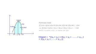 Integral = *((y0 + yn ) +4(y1 + y3 + ……….+ yn-1 )
+ 2(y2 + y4 +……….+ yn-2 ))
 