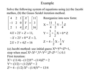 Example
Solve the following system of equations using (a) the Jacobi
methos, (b) the Gauss Seidel iteration method.
4 2 11
2 0 3
2 4 16
X Y Z
X Y Z
X Y Z
  
   
  
,
* ,
(a) Jacobi method: use initial guess X0=Y0=Z0=1,
stop when maxXk-Xk-1,Yk-Yk-1,Zk-Zk-1  0.1
First iteration:
X1= (11/4) - (1/2)Y0 - (1/4)Z0 = 2
Y1= (3/2) + (1/2)X0 = 2
Z1= 4 - (1/2) X0 - (1/4)Y0 = 13/4
Reorganize into new form:
X =
11
4
-
1
2
Y -
1
4
Z
Y =
3
2
+
1
2
X + 0 * Z
Z = 4 -
1
2
X -
1
4
Y
4 2 1 11
1 2 0 3
2 1 4 16
X
Y
Z
     
     
 
     
     
     
 