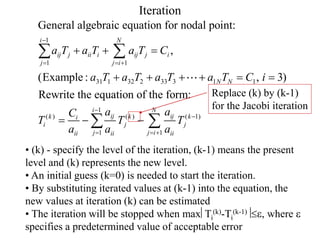 Iteration
1
1 1
31 1 32 2 33 3 1 1
1
( ) ( ) ( 1)
1
General algebraic equation for nodal point:
,
(Example : , 3)
Rewrite the equation of the form:
i N
ij j ii i ij j i
j j i
N N
i
ij ij
k k k
i
i j j
j j i
ii ii ii
a T a T a T C
a T a T a T a T C i
a a
C
T T T
a a a

  


 
  
     
  
 
 1
N


• (k) - specify the level of the iteration, (k-1) means the present
level and (k) represents the new level.
• An initial guess (k=0) is needed to start the iteration.
• By substituting iterated values at (k-1) into the equation, the
new values at iteration (k) can be estimated
• The iteration will be stopped when maxTi
(k)-Ti
(k-1), where 
specifies a predetermined value of acceptable error
Replace (k) by (k-1)
for the Jacobi iteration
 