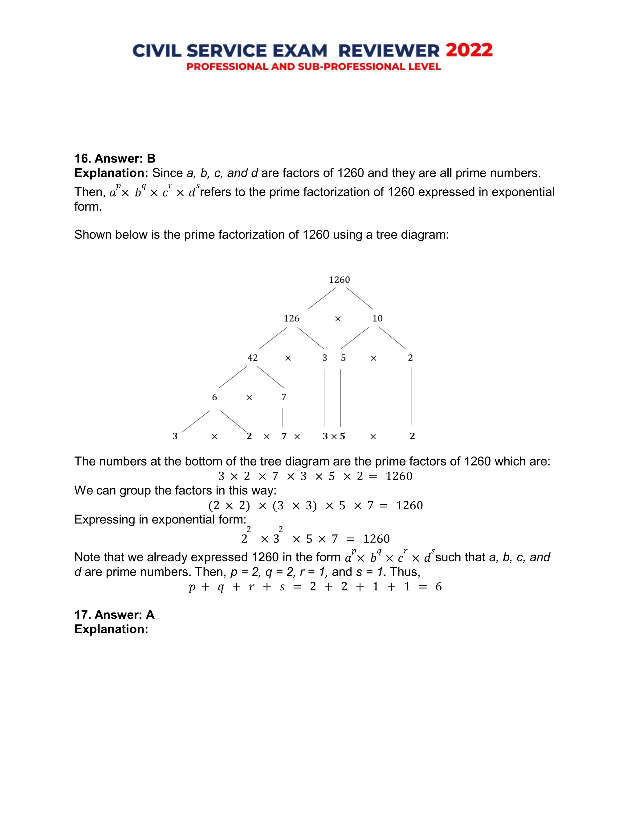 𝑎 × 𝑏 × 𝑐 × 𝑑
𝑎 × 𝑏 × 𝑐 × 𝑑
16. Answer: B
Explanation: Since a, b, c, and d are factors of 1260 and they are all prime numbers.
Then,
𝑝 𝑞 𝑟 𝑠
refers to the prime factorization of 1260 expressed in exponential
form.
Shown below is the prime factorization of 1260 using a tree diagram:
The numbers at the bottom of the tree diagram are the prime factors of 1260 which are:
3 × 2 × 7 × 3 × 5 × 2 = 1260
We can group the factors in this way:
(2 × 2) × (3 × 3) × 5 × 7 = 1260
Expressing in exponential form:
2 2
2 × 3 × 5 × 7 = 1260
Note that we already expressed 1260 in the form
𝑝 𝑞 𝑟 𝑠
such that a, b, c, and
d are prime numbers. Then, p = 2, q = 2, r = 1, and s = 1. Thus,
𝑝 + 𝑞 + 𝑟 + 𝑠 = 2 + 2 + 1 + 1 = 6
17. Answer: A
Explanation:
 