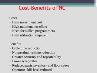 Cost-Benefits of NC
Costs
• High investment cost
• High maintenance effort
• Need for skilled programmers
• High utilization required
Benefits
• Cycle time reduction
• Nonproductive time reduction
• Greater accuracy and repeatability
• Lower scrap rates
• Reduced parts inventory and floor space
• Operator skill-level reduced
 