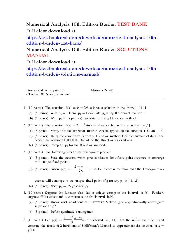 Numerical analysis 10th edition burden test bank