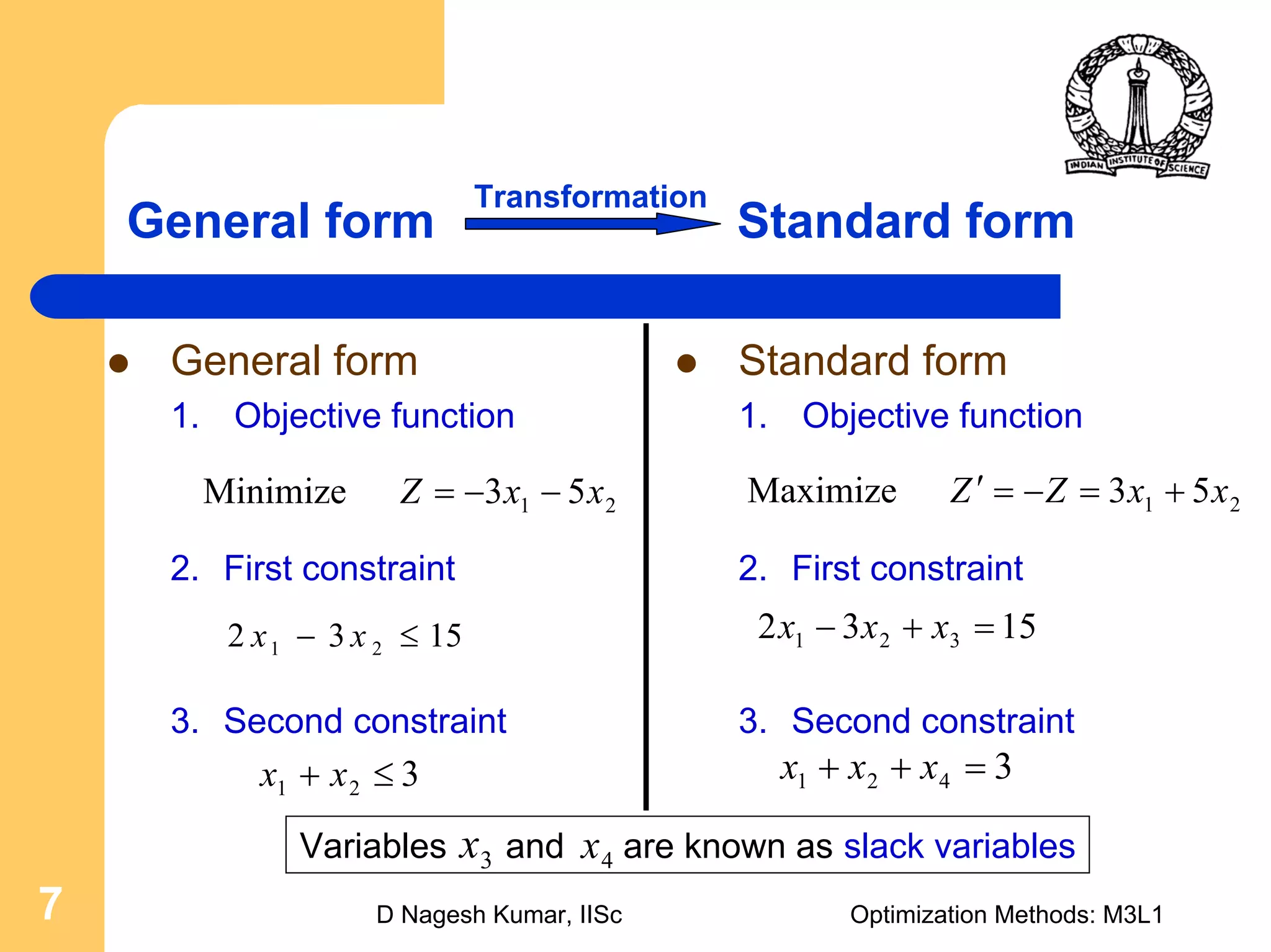 D Nagesh Kumar, IISc Optimization Methods: M3L17
General form Standard form
General form
1. Objective function
2. First constraint
3. Second constraint
Standard form
1. Objective function
2. First constraint
3. Second constraint
Transformation
21 53Minimize xxZ −−=
1532 21 ≤− xx 1532 321 =+− xxx
321 ≤+ xx 3421 =++ xxx
Variables and are known as slack variables3x 4x
21 53Maximize xxZZ +=−=′
 
