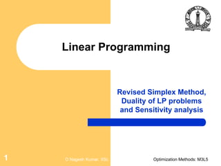D Nagesh Kumar, IISc Optimization Methods: M3L51
Linear Programming
Revised Simplex Method,
Duality of LP problems
and Sensitivity analysis
 