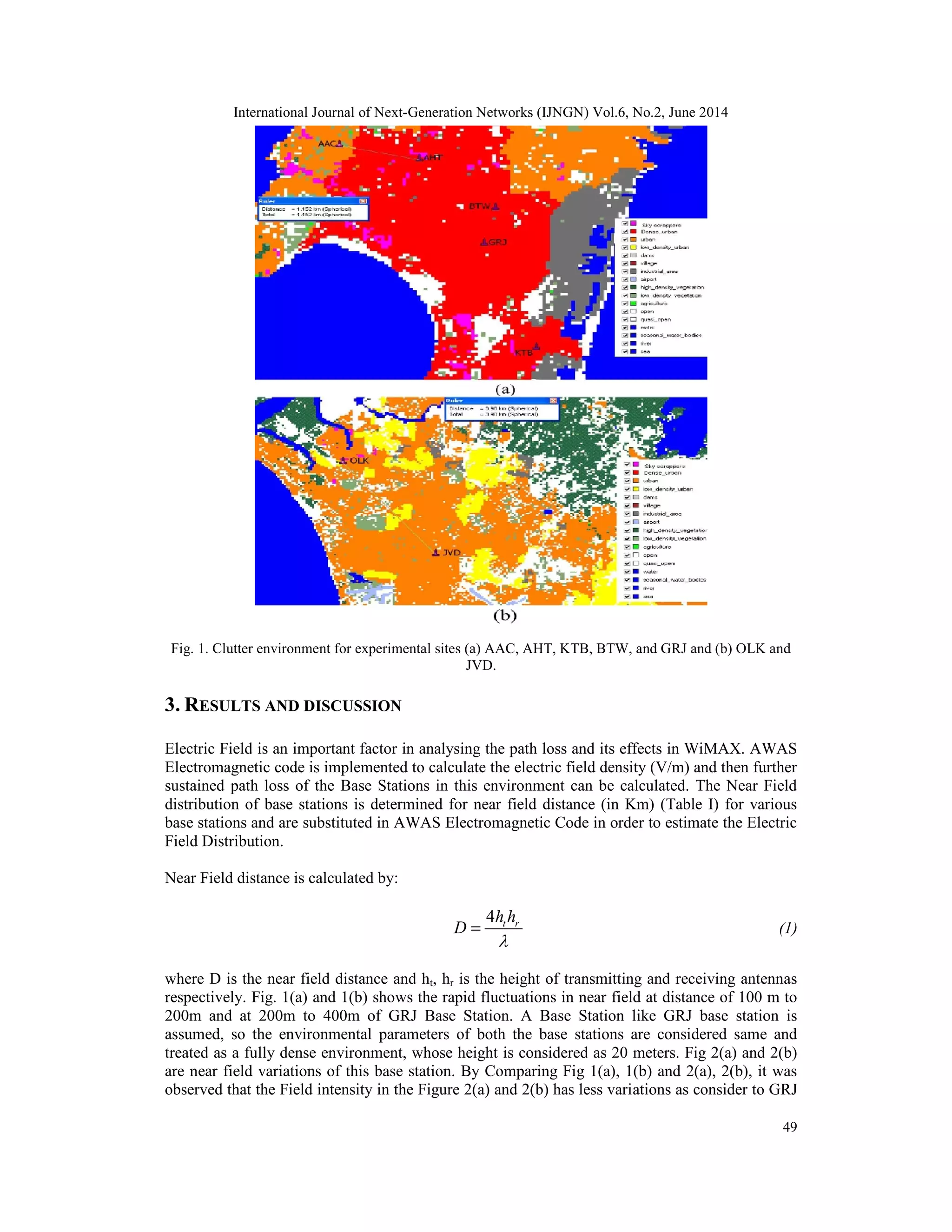 International Journal of Next-Generation Networks (IJNGN) Vol.6, No.2, June 2014
49
Fig. 1. Clutter environment for experimental sites (a) AAC, AHT, KTB, BTW, and GRJ and (b) OLK and
JVD.
3. RESULTS AND DISCUSSION
Electric Field is an important factor in analysing the path loss and its effects in WiMAX. AWAS
Electromagnetic code is implemented to calculate the electric field density (V/m) and then further
sustained path loss of the Base Stations in this environment can be calculated. The Near Field
distribution of base stations is determined for near field distance (in Km) (Table I) for various
base stations and are substituted in AWAS Electromagnetic Code in order to estimate the Electric
Field Distribution.
Near Field distance is calculated by:
4 t r
D
h h

= (1)
where D is the near field distance and ht, hr is the height of transmitting and receiving antennas
respectively. Fig. 1(a) and 1(b) shows the rapid fluctuations in near field at distance of 100 m to
200m and at 200m to 400m of GRJ Base Station. A Base Station like GRJ base station is
assumed, so the environmental parameters of both the base stations are considered same and
treated as a fully dense environment, whose height is considered as 20 meters. Fig 2(a) and 2(b)
are near field variations of this base station. By Comparing Fig 1(a), 1(b) and 2(a), 2(b), it was
observed that the Field intensity in the Figure 2(a) and 2(b) has less variations as consider to GRJ
 