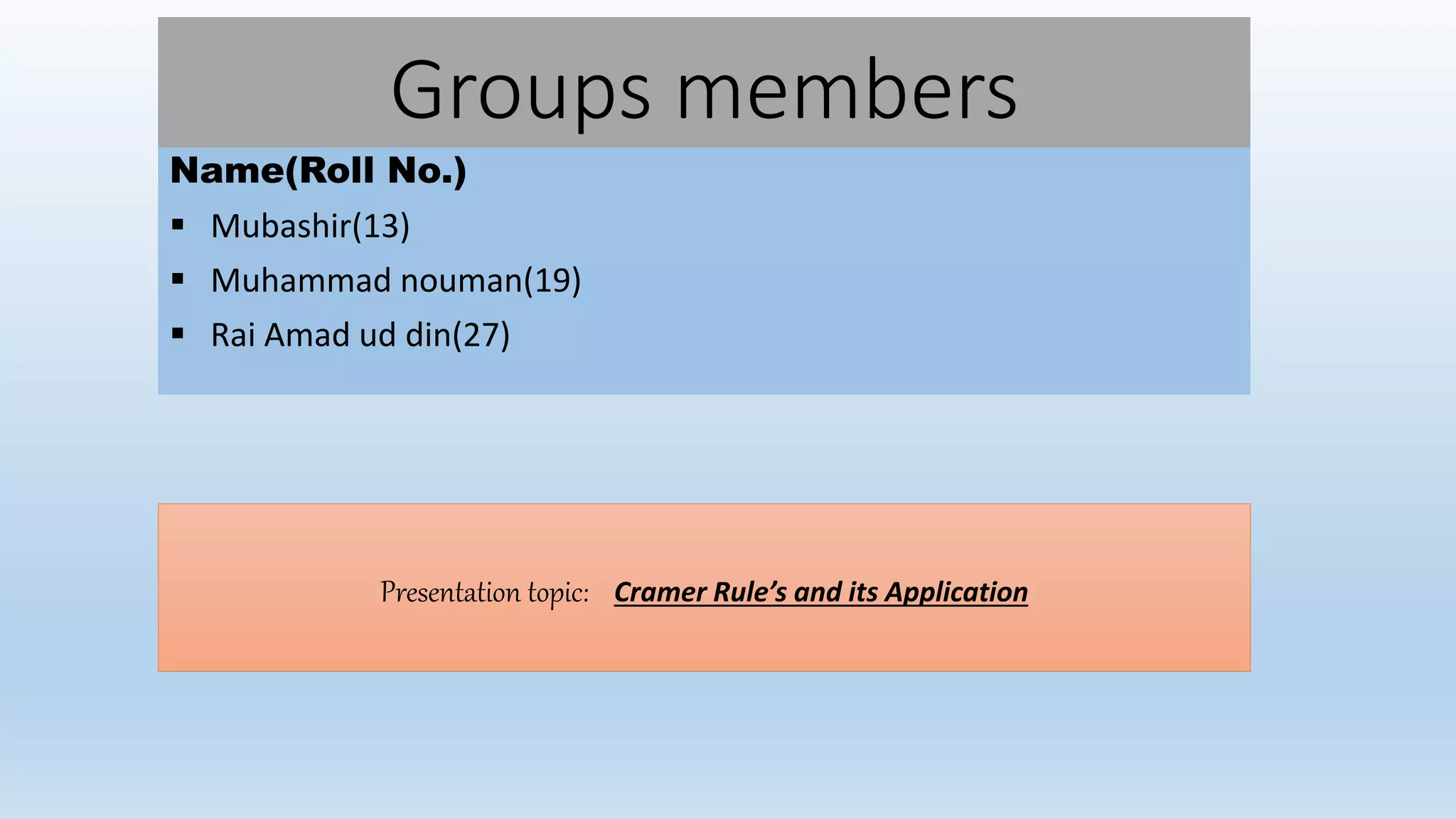 Groups members
Name(Roll No.)
 Mubashir(13)
 Muhammad nouman(19)
 Rai Amad ud din(27)
Presentation topic: Cramer Rule’s and its Application
 