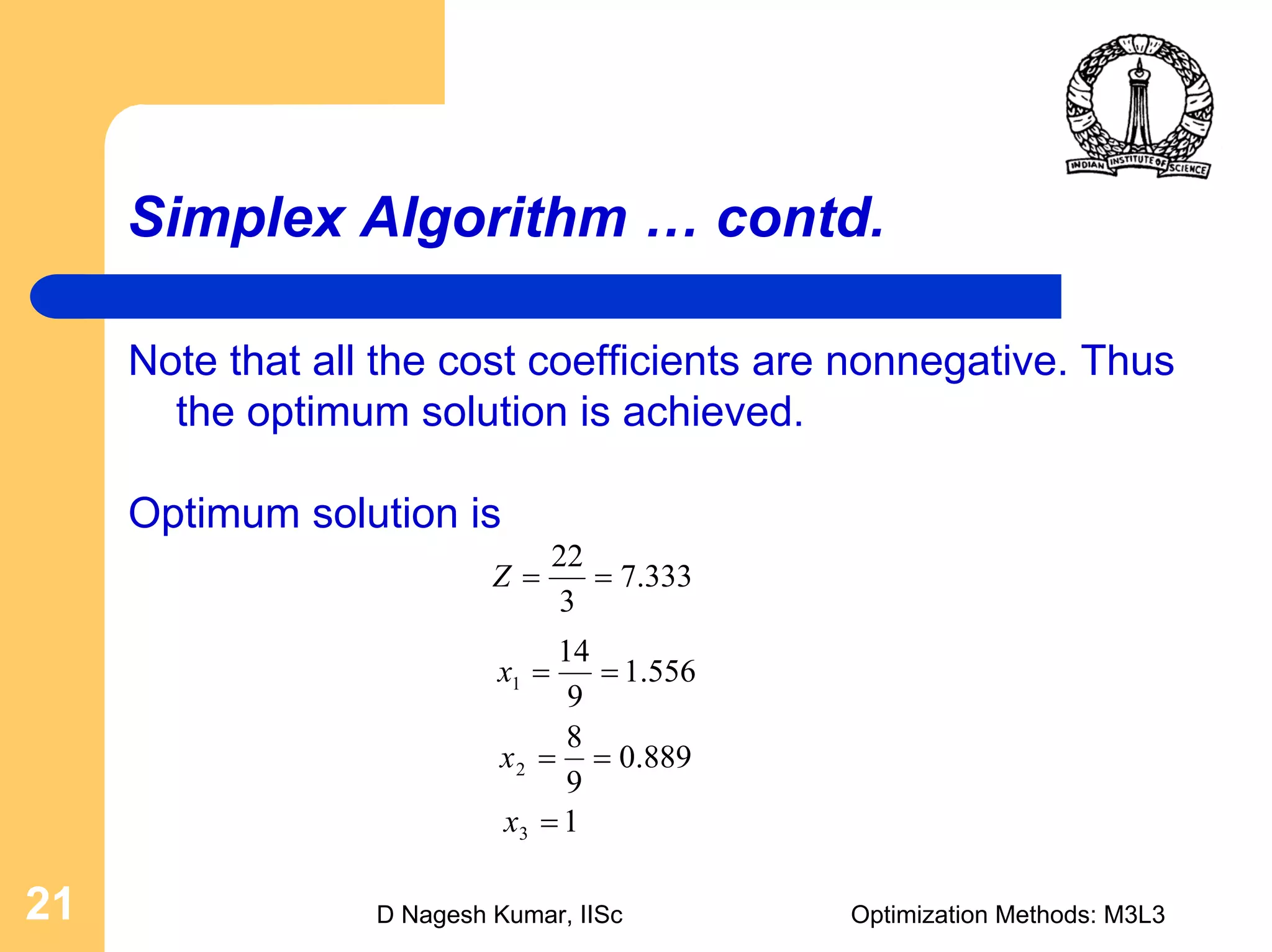 D Nagesh Kumar, IISc Optimization Methods: M3L321
Simplex Algorithm … contd.
Note that all the cost coefficients are nonnegative. Thus
the optimum solution is achieved.
Optimum solution is
333.7
3
22
==Z
556.1
9
14
1 ==x
889.0
9
8
2 ==x
13 =x
 