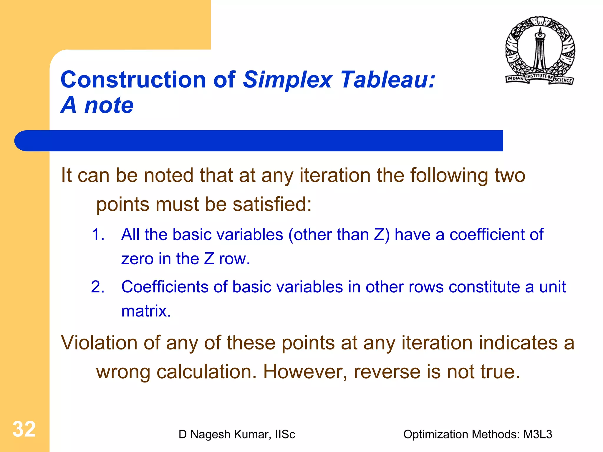 D Nagesh Kumar, IISc Optimization Methods: M3L332
It can be noted that at any iteration the following two
points must be satisfied:
1. All the basic variables (other than Z) have a coefficient of
zero in the Z row.
2. Coefficients of basic variables in other rows constitute a unit
matrix.
Violation of any of these points at any iteration indicates a
wrong calculation. However, reverse is not true.
Construction of Simplex Tableau:
A note
 