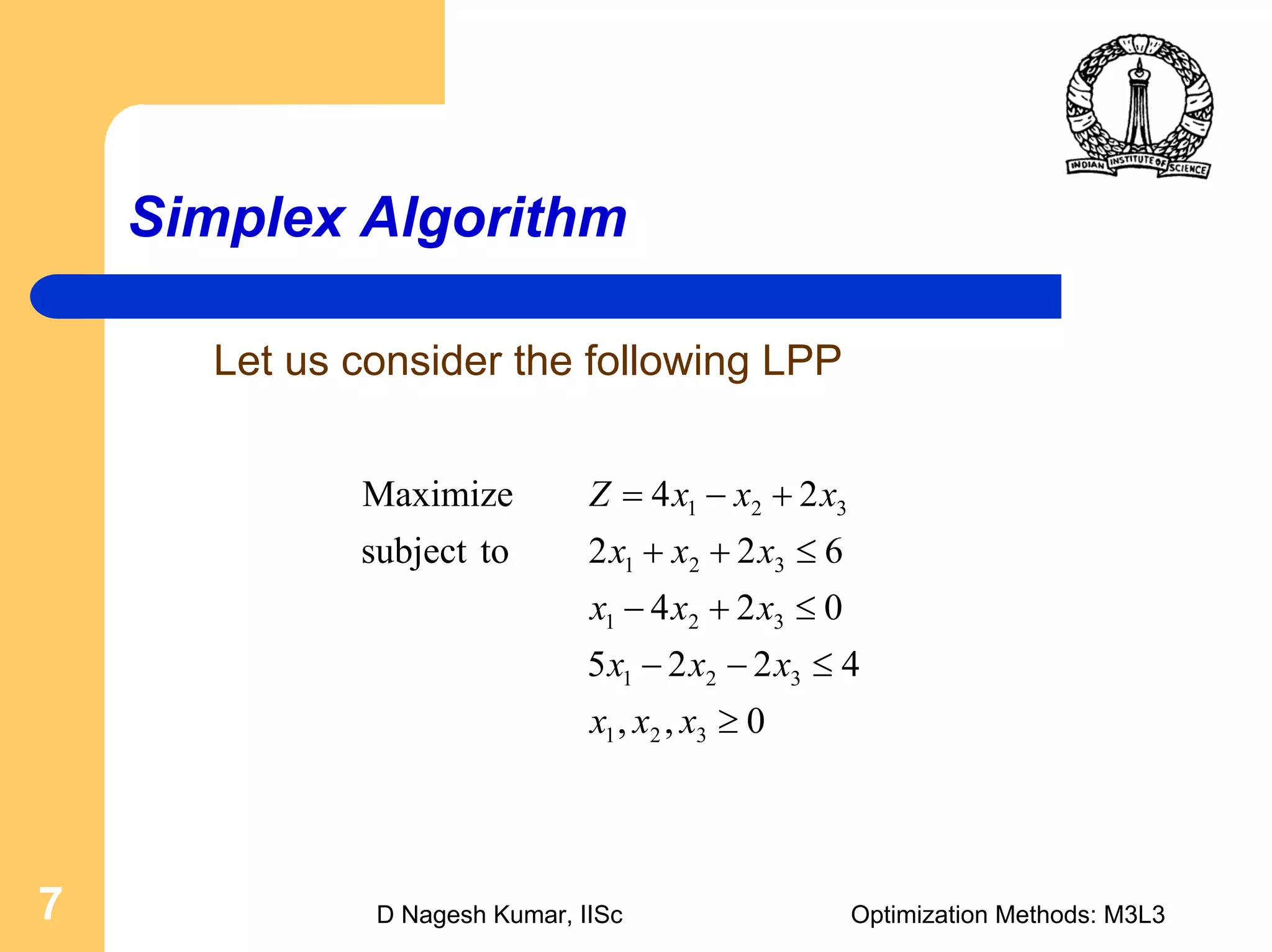 D Nagesh Kumar, IISc Optimization Methods: M3L37
Simplex Algorithm
Let us consider the following LPP
0,,
4225
024
622tosubject
24Maximize
321
321
321
321
321
≥
≤−−
≤+−
≤++
+−=
xxx
xxx
xxx
xxx
xxxZ
 
