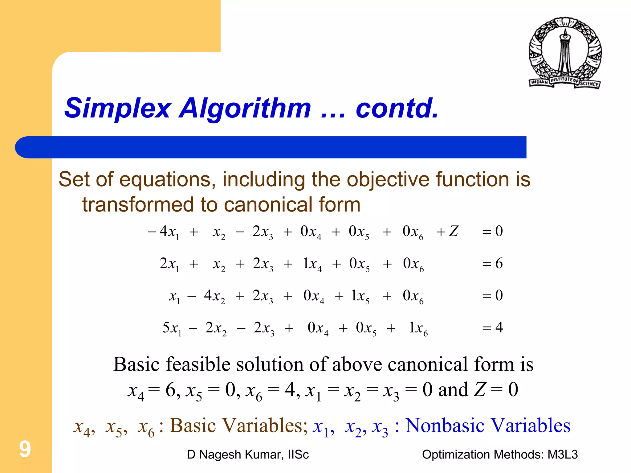 D Nagesh Kumar, IISc Optimization Methods: M3L39
Simplex Algorithm … contd.
Set of equations, including the objective function is
transformed to canonical form
Basic feasible solution of above canonical form is
x4 = 6, x5 = 0, x6 = 4, x1 = x2 = x3 = 0 and Z = 0
4100225
001024
600122
000024
654321
654321
654321
654321
=+++−−
=++++−
=+++++
=++++−+−
xxxxxx
xxxxxx
xxxxxx
Zxxxxxx
x4, x5, x6 : Basic Variables; x1, x2, x3 : Nonbasic Variables
 