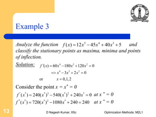 D Nagesh Kumar, IISc Optimization Methods: M2L113
Example 3
Analyze the function and
classify the stationary points as maxima, minima and points
of inflection.
Solution:
Consider the point x = x* = 0
at x * = 0
at x * = 0
5 4 3
( ) 12 45 40 5f x x x x= − + +
4 3 2
4 3 2
'( ) 60 180 120 0
3 2 0
or 0,1,2
f x x x x
x x x
x
= − + =
=> − + =
=
'' * * 3 * 2 *
( ) 240( ) 540( ) 240 0f x x x x= − + =
''' * * 2 *
( ) 720( ) 1080 240 240f x x x= − + =
 
