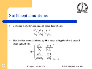 D Nagesh Kumar, IISc Optimization Methods: M2L120
Sufficient conditions
Consider the following second order derivatives:
The Hessian matrix defined by H is made using the above second
order derivatives.
2 2 2
2 2
1 2 1 2
; ;
f f f
x x x x
∂ ∂ ∂
∂ ∂ ∂ ∂
1 2
2 2
2
1 1 2
2 2
2
1 2 2 [ , ]x x
f f
x x x
f f
x x x
⎛ ⎞∂ ∂
⎜ ⎟
∂ ∂ ∂⎜ ⎟=
⎜ ⎟∂ ∂
⎜ ⎟⎜ ⎟∂ ∂ ∂⎝ ⎠
H
 