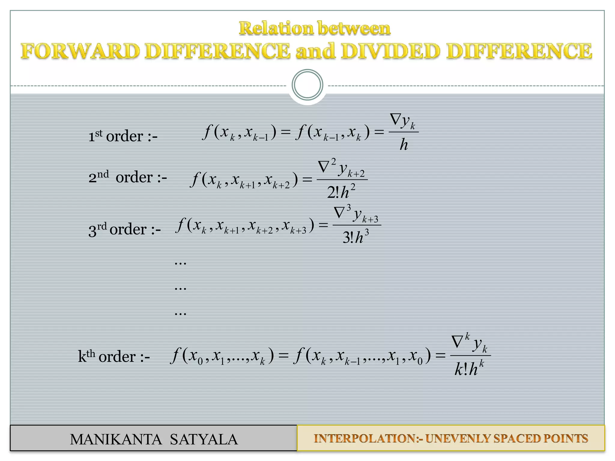 MANIKANTA SATYALA
h
y
xxfxxf k
kkkk

  ),(),( 111st order :-
2nd order :-
3rd order :-
2
2
2
21
!2
),,(
h
y
xxxf k
kkk




...
...
...
!3
),,,( 3
3
3
321
h
y
xxxxf k
kkkk




kth order :- k
k
k
kkk
hk
y
xxxxfxxxf
!
),,...,,(),...,,( 01110

 
 