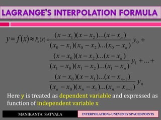 MANIKANTA SATYALA
n
nnnn
n
n
n
n
n
y
xxxxxx
xxxxxx
y
xxxxxx
xxxxxx
y
xxxxxx
xxxxxx
))...()((
))...()((
...
))...()((
))...()((
))...()((
))...()((
110
110
1
12101
20
0
02010
21










 )()( xPnxfy
Here y is treated as dependent variable and expressed as
function of independent variable x
 