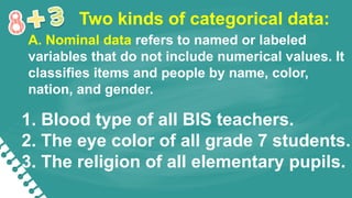 Two kinds of categorical data:
A. Nominal data refers to named or labeled
variables that do not include numerical values. It
classifies items and people by name, color,
nation, and gender.
1. Blood type of all BIS teachers.
2. The eye color of all grade 7 students.
3. The religion of all elementary pupils.
 