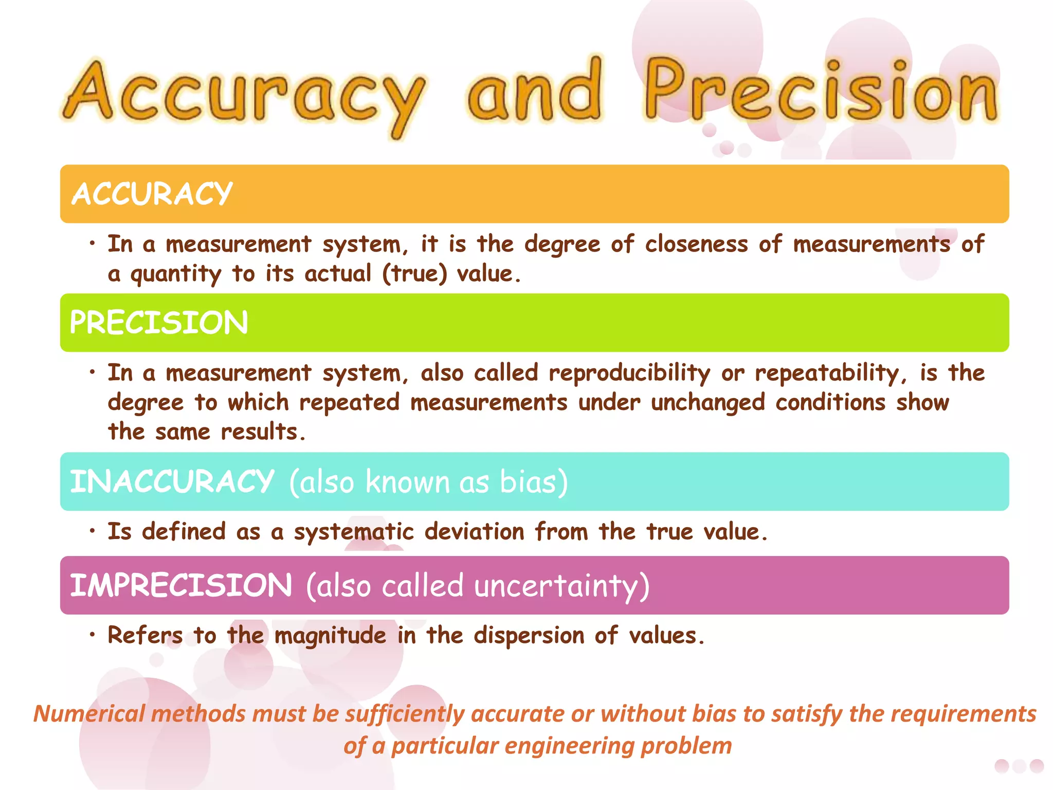 Accuracy and PrecisionNumerical methods must be sufficiently accurate or without bias to satisfy the requirements of a particular engineering problem