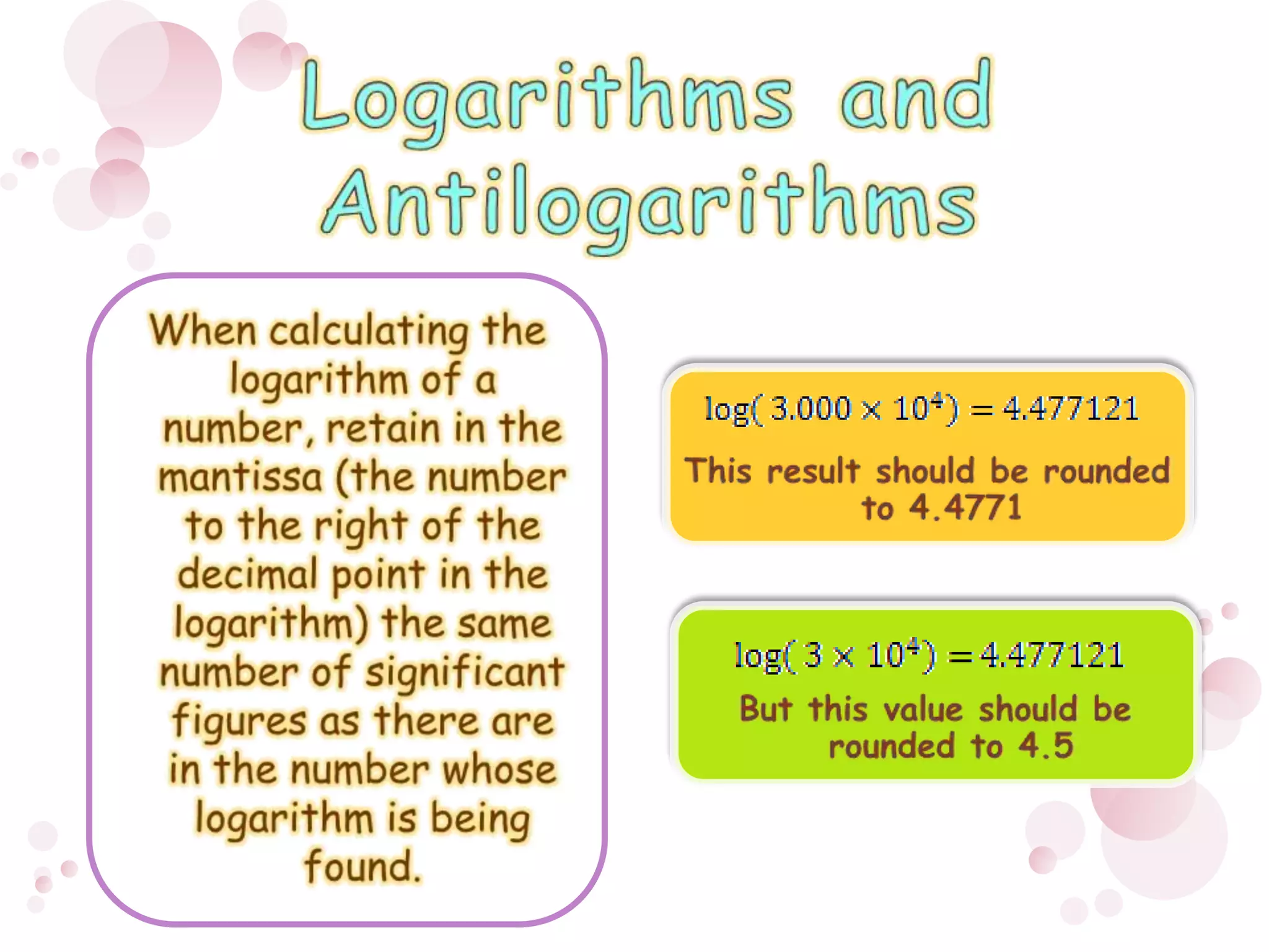 Logarithms and AntilogarithmsWhen calculating the logarithm of a number, retain in the mantissa (the number to the right of the decimal point in the logarithm) the same number of significant figures as there are in the number whose logarithm is being found. This result should be rounded to 4.4771But this value should be rounded to 4.5