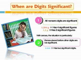 1 All nonzero digits are significant: 1,284 g     Has 4 significant figures 1,2 g   Has 2 significant figures With zeroes, the situation is particularly: 2 Zeroes placed before other digits are not significant. 0.046     Has two significant digits. 