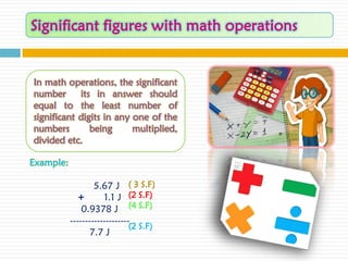 In math operations, the significant
number      its in answer should
equal to the least number of
significant digits in any one of the
numbers        being      multiplied,
divided etc.

Example:

                   5.67 J ( 3 S.F)
              +       1.1 J (2 S.F)
               0.9378 J (4 S.F)
           --------------------
                               (2 S.F)
                  7.7 J
 
