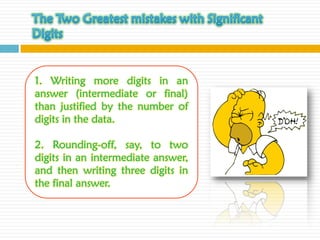 1. Writing more digits in an
answer (intermediate or final)
than justified by the number of
digits in the data.

2. Rounding-off, say, to two
digits in an intermediate answer,
and then writing three digits in
the final answer.
 