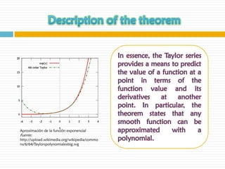 In essence, the Taylor series
                                              provides a means to predict
                                              the value of a function at a
                                              point in terms of the
                                              function value and its
                                              derivatives    at   another
                                              point. In particular, the
                                              theorem states that any
                                              smooth function can be
Aproximación de la función exponencial        approximated      with      a
Fuente:
http://upload.wikimedia.org/wikipedia/commo   polynomial.
ns/6/64/Taylorspolynomialexbig.svg
 