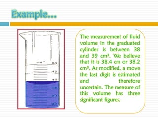 The measurement of fluid
volume in the graduated
cylinder is between 38
and 39 cm³. We believe
that it is 38.4 cm or 38.2
cm³. As modified, a move
the last digit is estimated
and                therefore
uncertain. The measure of
this volume has three
significant figures.
 