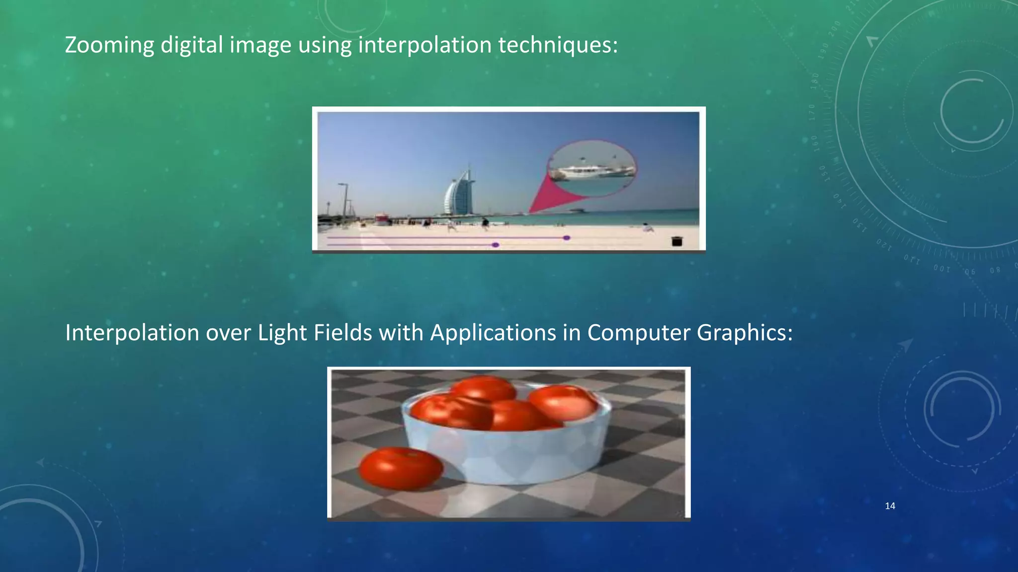 14
Zooming digital image using interpolation techniques:
Interpolation over Light Fields with Applications in Computer Graphics:
 