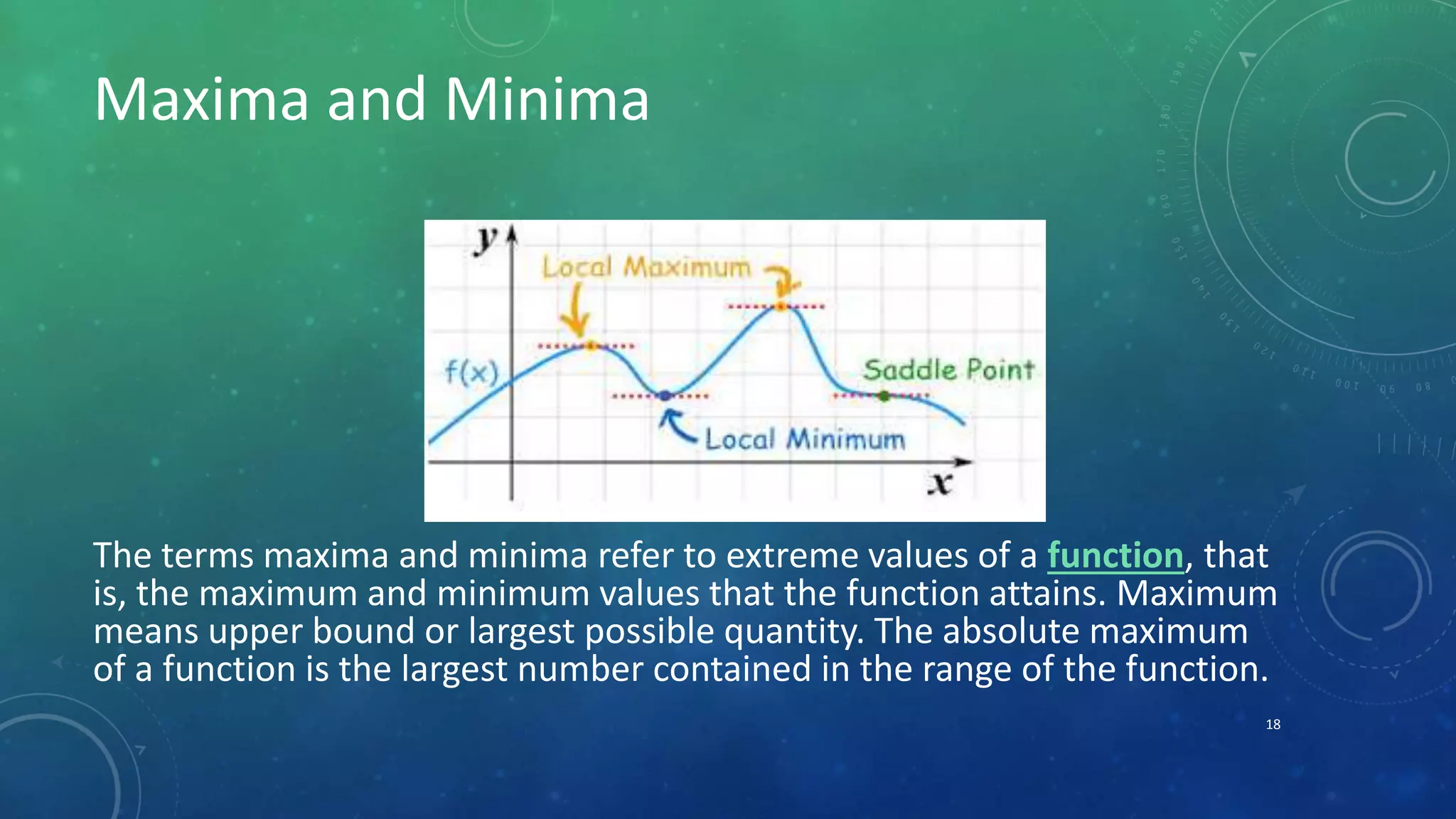 Maxima and Minima
The terms maxima and minima refer to extreme values of a function, that
is, the maximum and minimum values that the function attains. Maximum
means upper bound or largest possible quantity. The absolute maximum
of a function is the largest number contained in the range of the function.
18
 