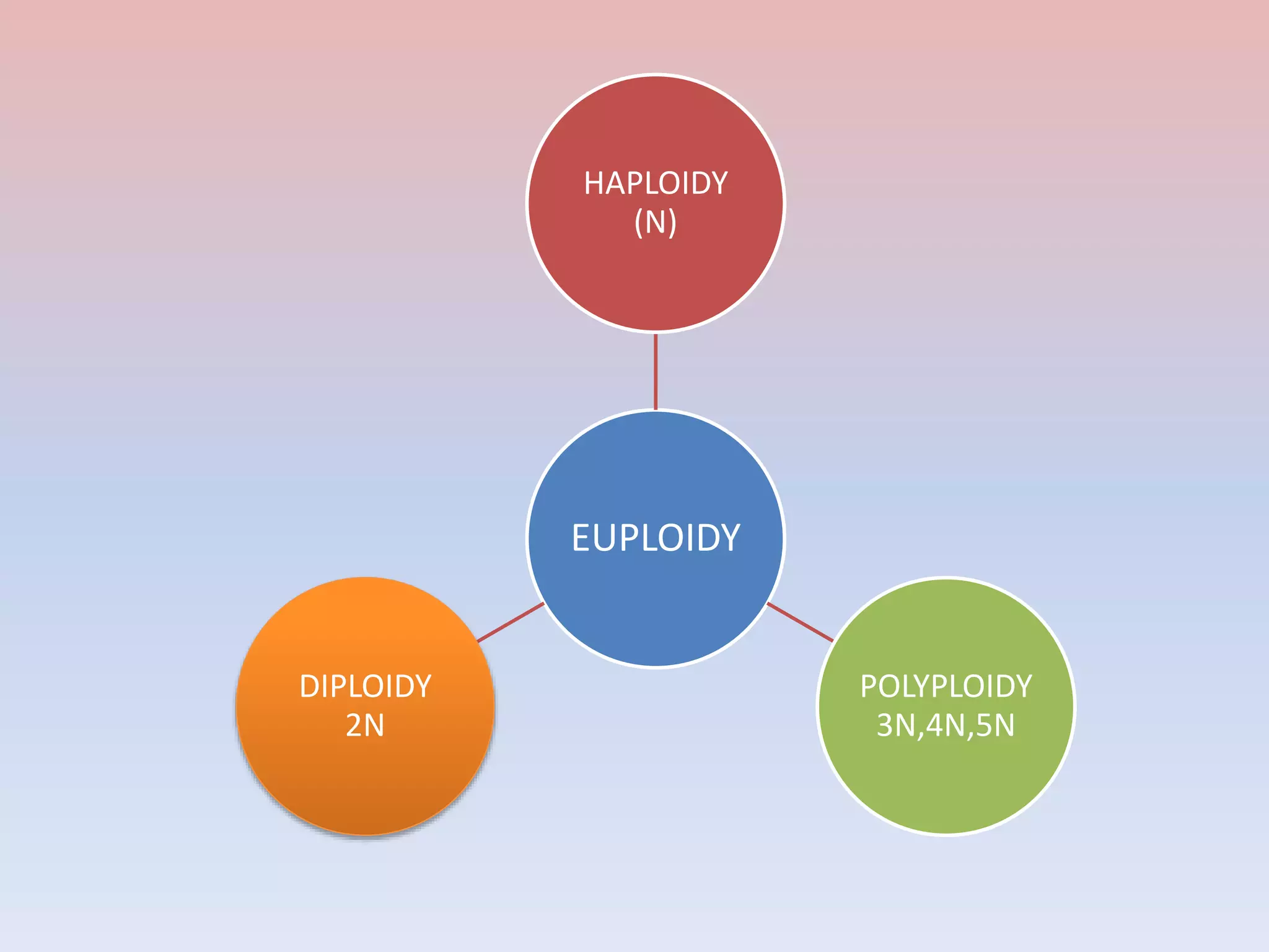 EUPLOIDY
HAPLOIDY
(N)
POLYPLOIDY
3N,4N,5N
DIPLOIDY
2N
 