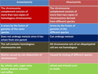 Autopolyploidy Allopolyploidy
The chromosome
complement consists of
more than two copies of
homologous chromosomes
The chromosome
complement consists of
more than two copies of
chromosomes derived
from different species
It arises by the fusion of
gametes of the same
species
Arises by the fusion of
gametes of the
different species
Does not undergo meiosis since it has
arisen from one parent
Can undergo meiosis
The cell contains homologous
chromosome sets
All chromosome sets of an allopolyploid
cell are not homologous
Mainly caused by non-disjunction of
chromosomes
Caused by mating of different species
Eg. wheat, oats, sugar-cane,
potato, peanut, banana,
and coffee
wheat and animals such
as mules
 