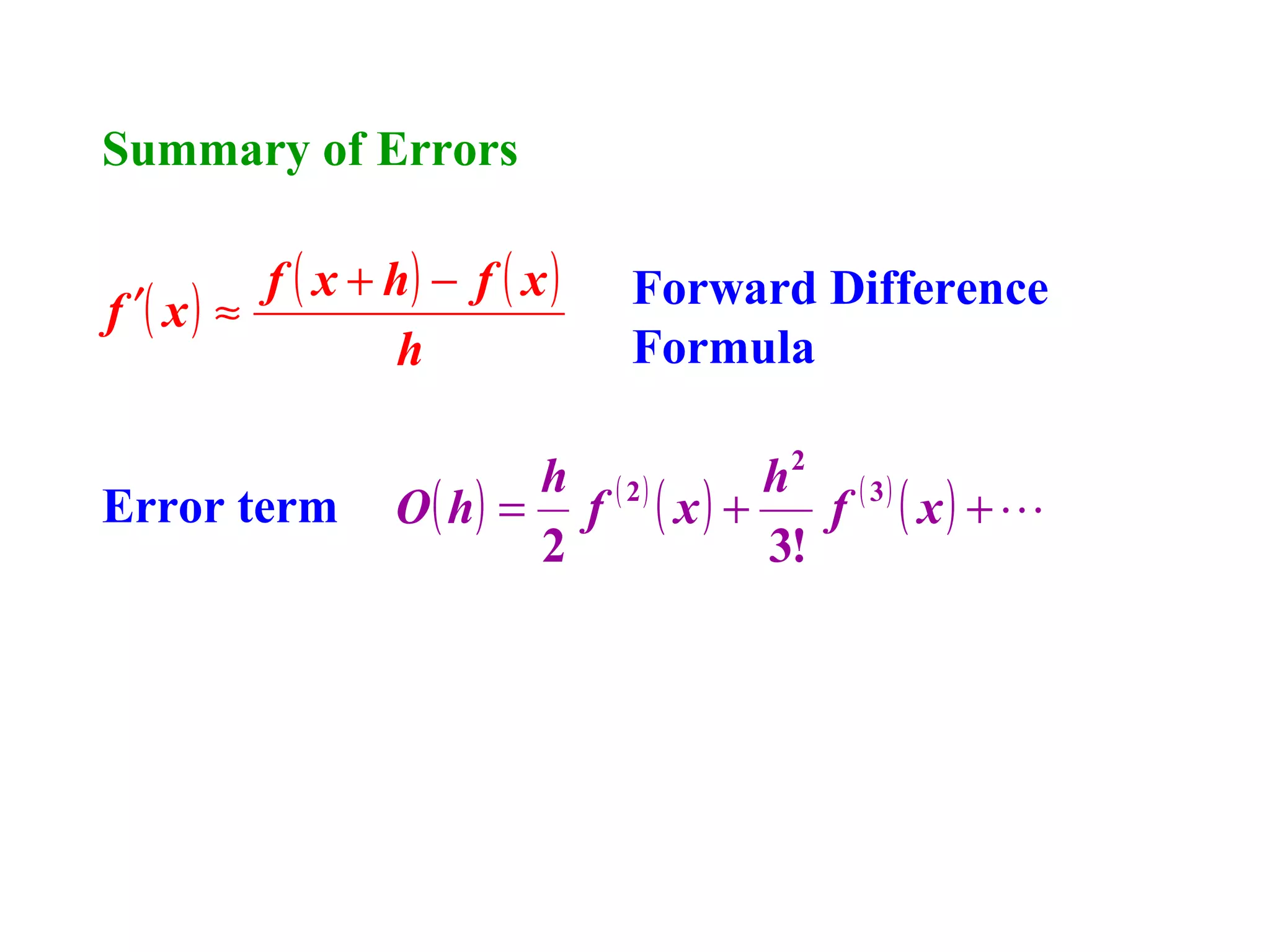 Summary of Errors

f ( x + h) − f ( x )
f ′( x ) ≈
h
Error term

Forward Difference
Formula

h ( 2)
h2 ( 3 )
O ( h) = f ( x ) +
f ( x) +
2
3!

 
