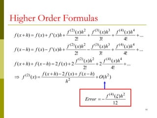 11
Higher Order Formulas
12
)
(
)
(
)
(
)
(
2
)
(
)
(
...
!
4
)
(
2
!
2
)
(
2
)
(
2
)
(
)
(
...
!
4
)
(
!
3
)
(
!
2
)
(
)
(
'
)
(
)
(
...
!
4
)
(
!
3
)
(
!
2
)
(
)
(
'
)
(
)
(
2
)
4
(
2
2
)
2
(
4
)
4
(
2
)
2
(
4
)
4
(
3
)
3
(
2
)
2
(
4
)
4
(
3
)
3
(
2
)
2
(
h
f
Error
h
O
h
h
x
f
x
f
h
x
f
x
f
h
x
f
h
x
f
x
f
h
x
f
h
x
f
h
x
f
h
x
f
h
x
f
h
x
f
x
f
h
x
f
h
x
f
h
x
f
h
x
f
h
x
f
x
f
h
x
f































 