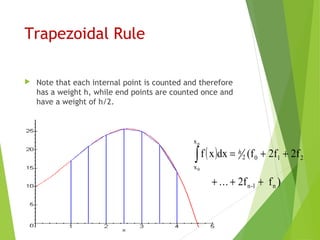 Trapezoidal Rule
 Note that each internal point is counted and therefore
has a weight h, while end points are counted once and
have a weight of h/2.
( )
)f2f
2f2f(fdxxf
n1-n
2102
x
x
n
0
++…+
++=∫ h
 