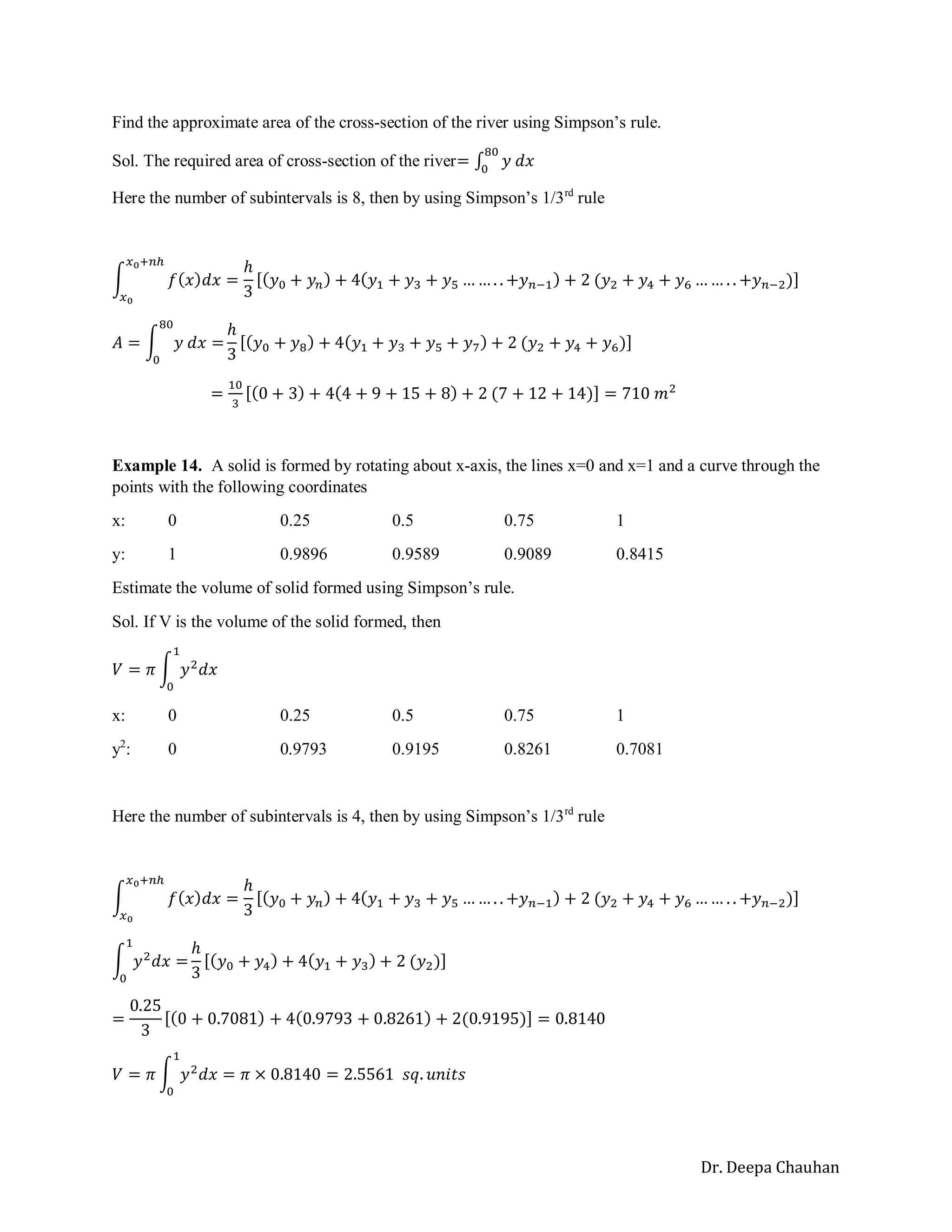 Dr. Deepa Chauhan
Find the approximate area of the cross-section of the river using Simpson’s rule.
Sol. The required area of cross-section of the river= ∫ 𝑦 𝑑𝑥
80
0
Here the number of subintervals is 8, then by using Simpson’s 1/3rd
rule
∫ 𝑓(𝑥)𝑑𝑥 =
ℎ
3
[(𝑦0 + 𝑦𝑛) + 4(𝑦1 + 𝑦3 + 𝑦5 … … . . +𝑦𝑛−1) + 2 (𝑦2 + 𝑦4 + 𝑦6 … … . . +𝑦𝑛−2)]
𝑥0+𝑛ℎ
𝑥0
𝐴 = ∫ 𝑦 𝑑𝑥 =
80
0
ℎ
3
[(𝑦0 + 𝑦8) + 4(𝑦1 + 𝑦3 + 𝑦5 + 𝑦7) + 2 (𝑦2 + 𝑦4 + 𝑦6)]
=
10
3
[(0 + 3) + 4(4 + 9 + 15 + 8) + 2 (7 + 12 + 14)] = 710 𝑚2
Example 14. A solid is formed by rotating about x-axis, the lines x=0 and x=1 and a curve through the
points with the following coordinates
x: 0 0.25 0.5 0.75 1
y: 1 0.9896 0.9589 0.9089 0.8415
Estimate the volume of solid formed using Simpson’s rule.
Sol. If V is the volume of the solid formed, then
𝑉 = 𝜋 ∫ 𝑦2
𝑑𝑥
1
0
x: 0 0.25 0.5 0.75 1
y2
: 0 0.9793 0.9195 0.8261 0.7081
Here the number of subintervals is 4, then by using Simpson’s 1/3rd
rule
∫ 𝑓(𝑥)𝑑𝑥 =
ℎ
3
[(𝑦0 + 𝑦𝑛) + 4(𝑦1 + 𝑦3 + 𝑦5 … … . . +𝑦𝑛−1) + 2 (𝑦2 + 𝑦4 + 𝑦6 … … . . +𝑦𝑛−2)]
𝑥0+𝑛ℎ
𝑥0
∫ 𝑦2
𝑑𝑥 =
1
0
ℎ
3
[(𝑦0 + 𝑦4) + 4(𝑦1 + 𝑦3) + 2 (𝑦2)]
=
0.25
3
[(0 + 0.7081) + 4(0.9793 + 0.8261) + 2(0.9195)] = 0.8140
𝑉 = 𝜋 ∫ 𝑦2
𝑑𝑥 = 𝜋 × 0.8140 = 2.5561 𝑠𝑞. 𝑢𝑛𝑖𝑡𝑠
1
0
 