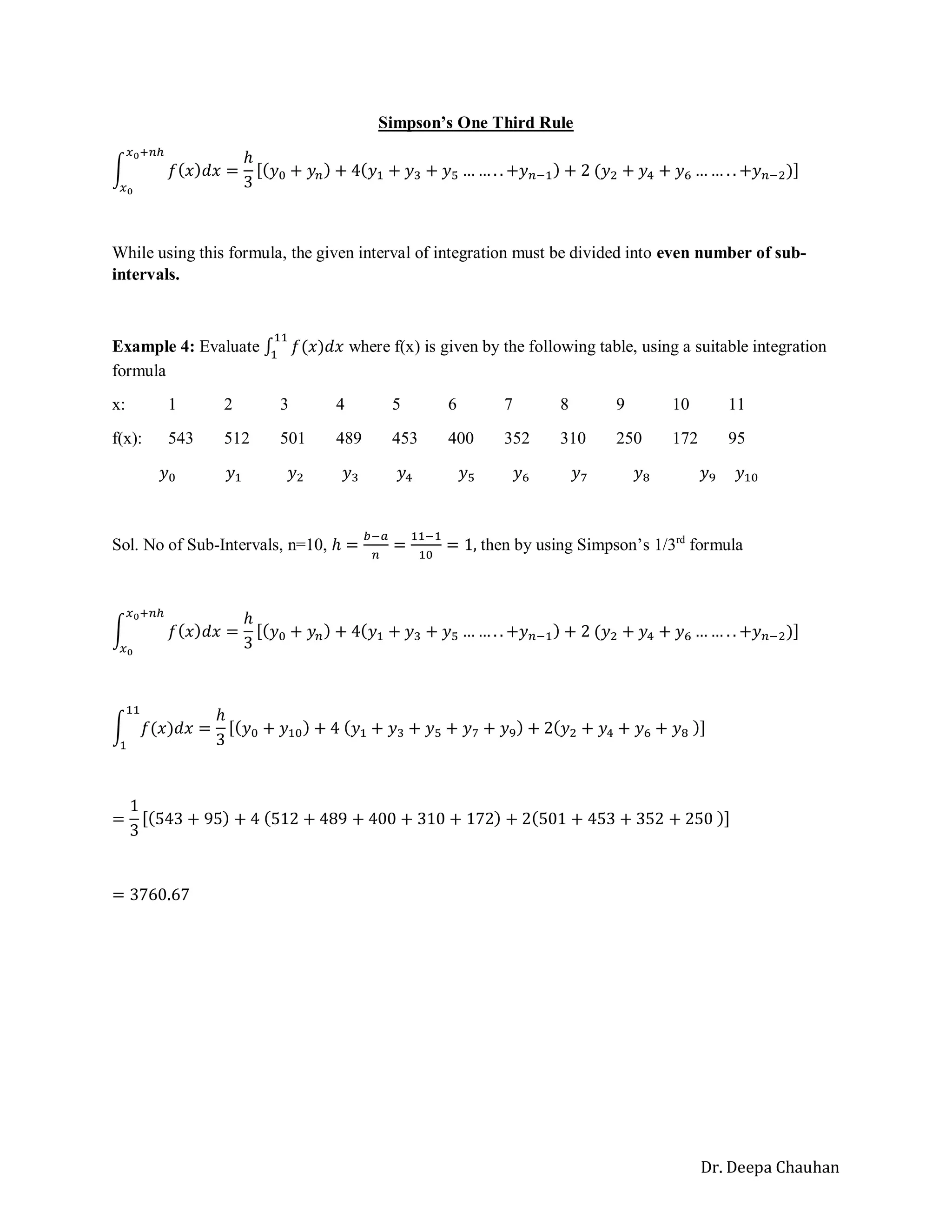 Dr. Deepa Chauhan
Simpson’s One Third Rule
∫ 𝑓(𝑥)𝑑𝑥 =
ℎ
3
[(𝑦0 + 𝑦𝑛) + 4(𝑦1 + 𝑦3 + 𝑦5 … … . . +𝑦𝑛−1) + 2 (𝑦2 + 𝑦4 + 𝑦6 … … . . +𝑦𝑛−2)]
𝑥0+𝑛ℎ
𝑥0
While using this formula, the given interval of integration must be divided into even number of sub-
intervals.
Example 4: Evaluate ∫ 𝑓(𝑥)𝑑𝑥
11
1
where f(x) is given by the following table, using a suitable integration
formula
x: 1 2 3 4 5 6 7 8 9 10 11
f(x): 543 512 501 489 453 400 352 310 250 172 95
𝑦0 𝑦1 𝑦2 𝑦3 𝑦4 𝑦5 𝑦6 𝑦7 𝑦8 𝑦9 𝑦10
Sol. No of Sub-Intervals, n=10, ℎ =
𝑏−𝑎
𝑛
=
11−1
10
= 1, then by using Simpson’s 1/3rd
formula
∫ 𝑓(𝑥)𝑑𝑥 =
ℎ
3
[(𝑦0 + 𝑦𝑛) + 4(𝑦1 + 𝑦3 + 𝑦5 … … . . +𝑦𝑛−1) + 2 (𝑦2 + 𝑦4 + 𝑦6 … … . . +𝑦𝑛−2)]
𝑥0+𝑛ℎ
𝑥0
∫ 𝑓(𝑥)𝑑𝑥
11
1
=
ℎ
3
[(𝑦0 + 𝑦10) + 4 (𝑦1 + 𝑦3 + 𝑦5 + 𝑦7 + 𝑦9) + 2(𝑦2 + 𝑦4 + 𝑦6 + 𝑦8 )]
=
1
3
[(543 + 95) + 4 (512 + 489 + 400 + 310 + 172) + 2(501 + 453 + 352 + 250 )]
= 3760.67
 