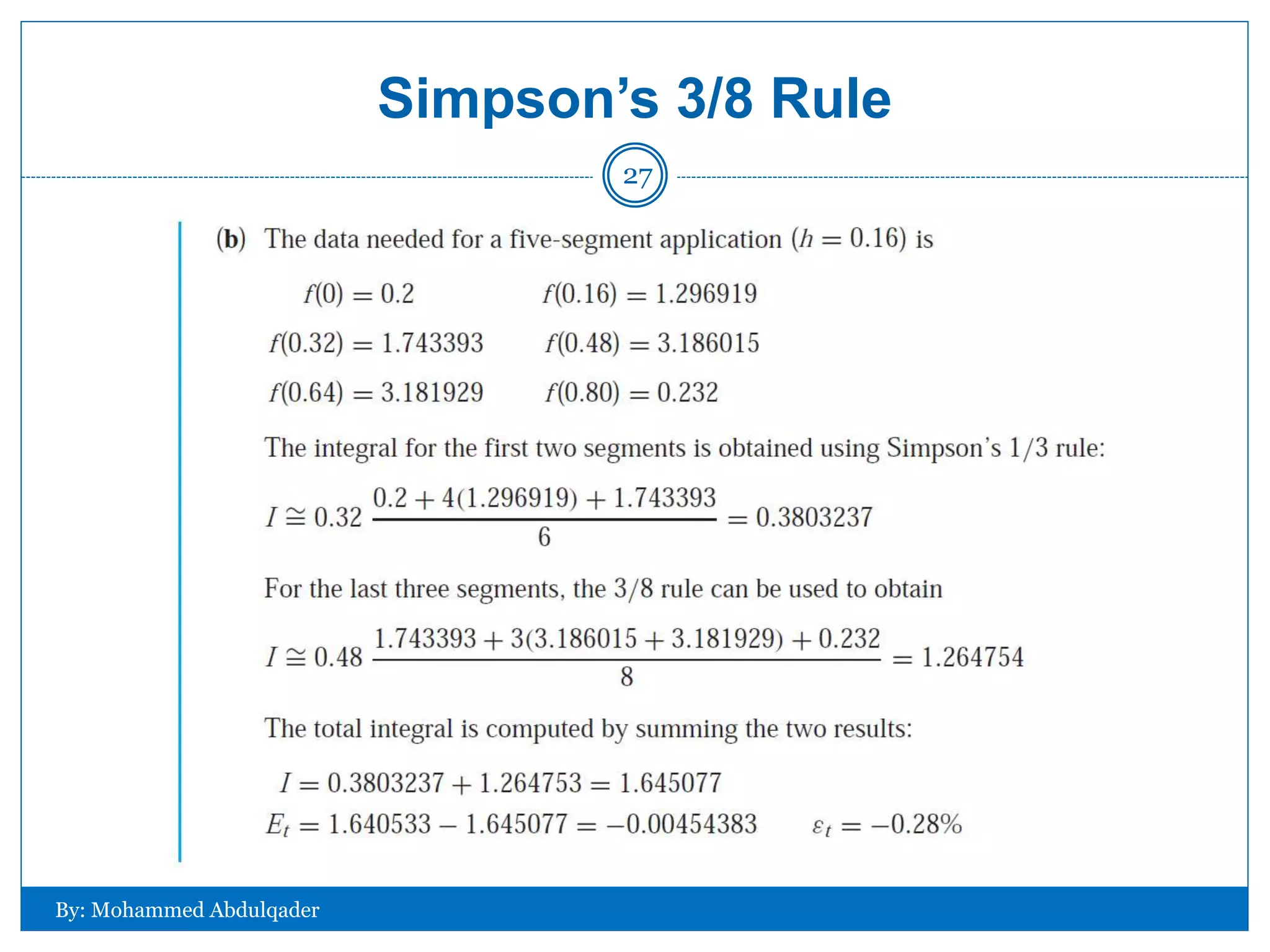 Simpson’s 3/8 Rule
By: Mohammed Abdulqader
27
 