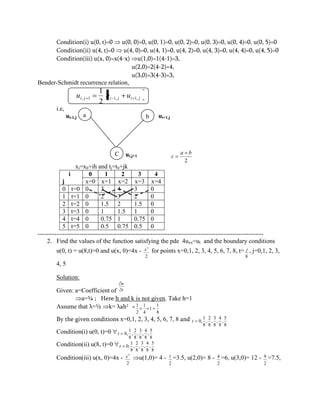 Condition(i) u(0, t)=0 u(0, 0)=0, u(0, 1)=0, u(0, 2)=0, u(0, 3)=0, u(0, 4)=0, u(0, 5)=0 
Condition(ii) u(4, t)=0 u(4, 0)=0, u(4, 1)=0, u(4, 2)=0, u(4, 3)=0, u(4, 4)=0, u(4, 5)=0 
Condition(iii) u(x, 0)=x(4-x) u(1,0)=1(4-1)=3, 
u(2,0)=2(4-2)=4, 
u(3,0)=3(4-3)=3, 
Bender-Schmidt recurrence relation, 
i j i j i j u u u , 1 1, 1, 2 
1 
i.e, 
ui-1,j ui+1,j 
ui,j+1 
2 
a b 
c 
xi=x0+ih and tj=t0+jk 
------------------------------------------------------------------------------------------------------------ 
2. Find the values of the function satisfying the pde 4uxx=ut and the boundary conditions 
u(0, t) = u(8,t)=0 and u(x, 0)=4x - 
2 
2 x for points x=0,1, 2, 3, 4, 5, 6, 7, 8, t= 
8 
j , j=0,1, 2, 3, 
4, 5 
Solution: 
Given: a=Coefficient of t 
u 
a=¼ ; Here h and k is not given. Take h=1 
Assume that λ=½ k= λah2 = 
8 
1 
1 
4 
1 
2 
1 
By the given conditions x=0,1, 2, 3, 4, 5, 6, 7, 8 and 
8 
5 
, 
8 
4 
, 
8 
3 
, 
8 
2 
, 
8 
1 
t 0, 
Condition(i) u(0, t)=0 
8 
5 
, 
8 
4 
, 
8 
3 
, 
8 
2 
, 
8 
1 
t 0, 
Condition(ii) u(8, t)=0 
8 
5 
, 
8 
4 
, 
8 
3 
, 
8 
2 
, 
8 
1 
t 0, 
Condition(iii) u(x, 0)=4x - 
2 
2 x u(1,0)= 4 - 
2 
1 =3.5, u(2,0)= 8 - 
2 
4 =6, u(3,0)= 12 - 
2 
9 =7.5, 
i 
j 
0 1 2 3 4 
x=0 x=1 x=2 x=3 x=4 
0 t=0 0 3 4 3 0 
1 t=1 0 2 3 2 0 
2 t=2 0 1.5 2 1.5 0 
3 t=3 0 1 1.5 1 0 
4 t=4 0 0.75 1 0.75 0 
5 t=5 0 0.5 0.75 0.5 0 
a b 
C 
 