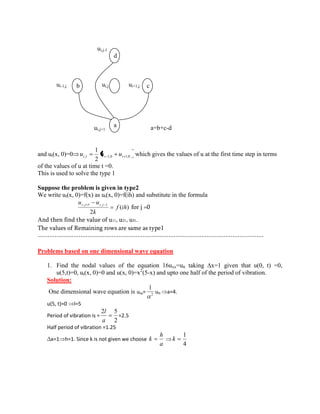 ui,j-1 
ui-1,j ui,j ui+1,j 
ui,j+1 a=b+c-d 
and ut(x, 0)=0 ,1 1,0 1,0 2 
1 
i i i u u u which gives the values of u at the first time step in terms 
of the values of u at time t =0. 
This is used to solve the type 1 
Suppose the problem is given in type2 
We write ut(x, 0)=f(x) as ut(x, 0)=f(ih) and substitute in the formula 
( ) 
2 
, 1 , 1 f ih 
k 
u u i j i j for j =0 
And then find the value of u11, u21, u31. 
The values of Remaining rows are same as type1 
----------------------------------------------------------------------------------------------- 
Problems based on one dimensional wave equation 
1. Find the nodal values of the equation 16uxx=utt taking Δx=1 given that u(0, t) =0, 
u(5,t)=0, ut(x, 0)=0 and u(x, 0)=x2(5-x) and upto one half of the period of vibration. 
Solution: 
One dimensional wave equation is uxx= 2 
1 
utt a=4. 
u(5, t)=0 l=5 
Period of vibration is = 
2 
2 5 
a 
l 
=2.5 
Half period of vibration =1.25 
Δx=1 h=1. Since k is not given we choose 
a 
h 
k 
4 
1 
k 
b 
d 
c 
a 
 