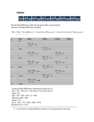 Solution: 
x x0=4 x1=5 x2=7 x3=10 x4=11 x5=13 
f(x) f(x0)=48 f(x1)=100 f(x2)=294 f(x3)=900 f(x4)=1210 f(x5)=2028 
The divided difference table for the given data is given below. 
Newton’s divided difference formula, 
f(x) = f(x0) + (x-x0)f(x0,x1) + (x-x0) (x-x1) f(x0,x1,x2) + (x-x0) (x-x1) (x-x2) f(x0,x1,x2,x3) 
+ …………….. 
x f(x) Δf(x) Δ2f(x) Δ3f(x) Δ4f(x) 
4 48 
52 
5 4 
100 48 
5 100 15 
7 4 
97 52 
97 
7 5 
294 100 
52 
5 4 
100 48 
7 294 21 
10 5 
292 97 
0 
202 
10 7 
900 294 
52 
5 4 
100 48 
10 900 27 
11 7 
310 202 
0 
310 
11 10 
1210 900 
52 
5 4 
100 48 
11 1210 33 
13 10 
409 310 
409 
13 11 
2028 1210 
13 2028 
Using divided differences and the given data in (1), 
f(x) = 48 + 52(x-4) + 15(x-4)(x-5) +(x-4)(x-5)(x-7) 
when x=8, 
f(8) = 48 + 208 +180 +12 =448 
Therefore f(8) =448 
when x=15, 
f(15) = 48 + 572 +1650 +880 =3150 
Therefore f(15) =3150 
------------------------------------------------------------------------------------------------------------ 
2. Use Newton’s divided difference formula, to fit a polynomial to the data 
 