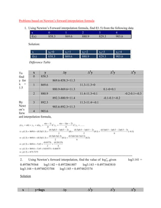 Problems based on Newton’s forward interpolation formula 
1. Using Newton’s Forward interpolation formula, find f(1.5) from the following data 
x 0 1 2 3 4 
f(x) 858.3 869.6 880.9 829.3 903.6 
Solution: 
Difference Table 
To 
find 
y for 
x = 
1.5 
0.5 
1 
1.5 1.0 0 n 
h 
x x 
n 
By 
Newt 
on’s 
forw 
ard interpolation formula, 
(1.5) 875.7375 
(1.5) 869.6 5.65 0.01875 0.46875 
6 
(0.28125) 
2 
(0.0375) 
(1.5) 869.6 5.65 
(0.3) 
6 
(0.5)(0.5)(1.5)(2.5) 
(0.1) 
2 
(0.5)(0.5)(1.5) 
(1.5) 869.6 (0.5)(11.3) 
( 0.3) 
6 
(0.5)(0.5 1)(0.5 2)(0.5 3) 
(0.1) 
2 
(0.5)(0.5 1)(0.5 2) 
(0) 
2 
(0.5)(0.5 1)(0.5 2) 
(1.5) 869.6 (0.5)(11.3) 
....... 
3! 
( 1)( 2) 
2! 
( 1) 
( ) 0 
3 
0 
2 
0 0 0 
y 
y 
y 
y 
y 
y 
n n n 
y 
n n 
y x nh y n y 
------------------------------------------------------------------------------------------------------------ 
2. Using Newton’s forward interpolation, find the value of 10 log ,given log3.141 = 
0.4970679364 log3.142 = 0.4972061807 log3.143 = 0.4973443810 
log3.144 = 0.49748253704 log3.145 = 0.4974825374 
Solution 
x x0=0 x1=1 x2=2 x4=3 x5=4 
f(x) 858.3 869.6 880.9 829.3 903.6 
x y Δy Δ2y Δ3y Δ4y 
0 858.3 
869.6-858.3=11.3 
1 869.6 11.3-11.3=0 
880.9-869.6=11.3 0.1-0=0.1 
2 880.9 11.4-11.3=0.1 -0.2-0.1=-0.3 
892.3-880.9=11.4 -0.1-0.1=-0.2 
3 892.3 11.3-11.4=-0.1 
903.6-892.3=11.3 
4 903.6 
x y=logx Δy Δ2y Δ3y Δ4y 
 