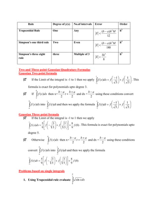 Rule Degree of y(x) No.of intervals Error Order 
Trapezoidal Rule One Any 
12 
( ) 2b a h M 
E 
h2 
Simpson’s one third rule Two Even 
180 
( ) 4b a h M 
E 
h4 
Simpson’s three eight 
rule 
three Multiple of 3 
8 
3 5 h 
E 
h5 
Two and Three point Gaussian Quadrature Formulas 
Gaussian Two point formula 
 If the Limit of the integral is -1 to 1 then we apply 
3 
1 
3 
1 
( ) 
1 
1 
f x dx f f . This 
formula is exact for polynomials upto degree 3. 
 If 
b 
a 
f (x)dx then x= 
2 2 
b a 
t 
b a 
and dx = 
2 
b a 
using these conditions convert 
b 
a 
f (x)dx into 
1 
1 
f (t)dt and then we apply the formula 
3 
1 
3 
1 
( ) 
1 
1 
f t dt f f 
Gaussian Three point formula 
 If the Limit of the integral is -1 to 1 then we apply 
(0) 
9 
8 
5 
3 
5 
3 
9 
5 
( ) 
1 
1 
f x dx f f f . This formula is exact for polynomials upto 
degree 5. 
 Otherwise 
b 
a 
f (x)dx then x= 
2 2 
b a 
t 
b a 
and dx = 
2 
b a 
using these conditions 
convert 
b 
a 
f (x)dx into 
1 
1 
f (t)dt and then we apply the formula 
(0) 
9 
8 
5 
3 
5 
3 
9 
5 
( ) 
1 
1 
f t dt f f f 
Problems based on single integrals 
1. Using Trapezoidal rule evaluate 
2 
0 
sin xdx 
 