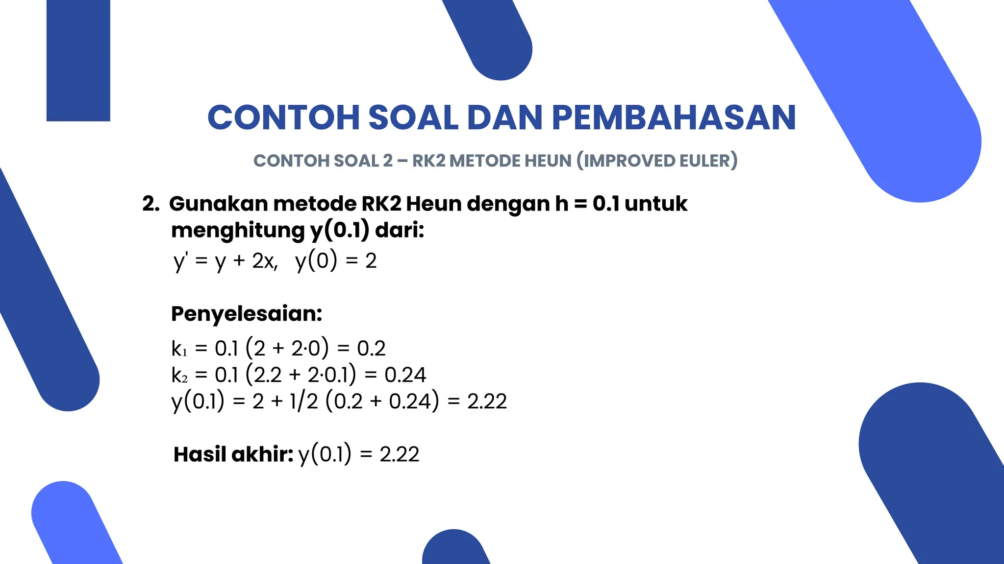 CONTOH SOAL DAN PEMBAHASAN
2. Gunakan metode RK2 Heun dengan h = 0.1 untuk
menghitung y(0.1) dari:
y' = y + 2x, y(0) = 2
Penyelesaian:
k₁ = 0.1 (2 + 2·0) = 0.2
k₂ = 0.1 (2.2 + 2·0.1) = 0.24
y(0.1) = 2 + 1/2 (0.2 + 0.24) = 2.22
Hasil akhir: y(0.1) = 2.22
CONTOH SOAL 2 – RK2 METODE HEUN (IMPROVED EULER)
 