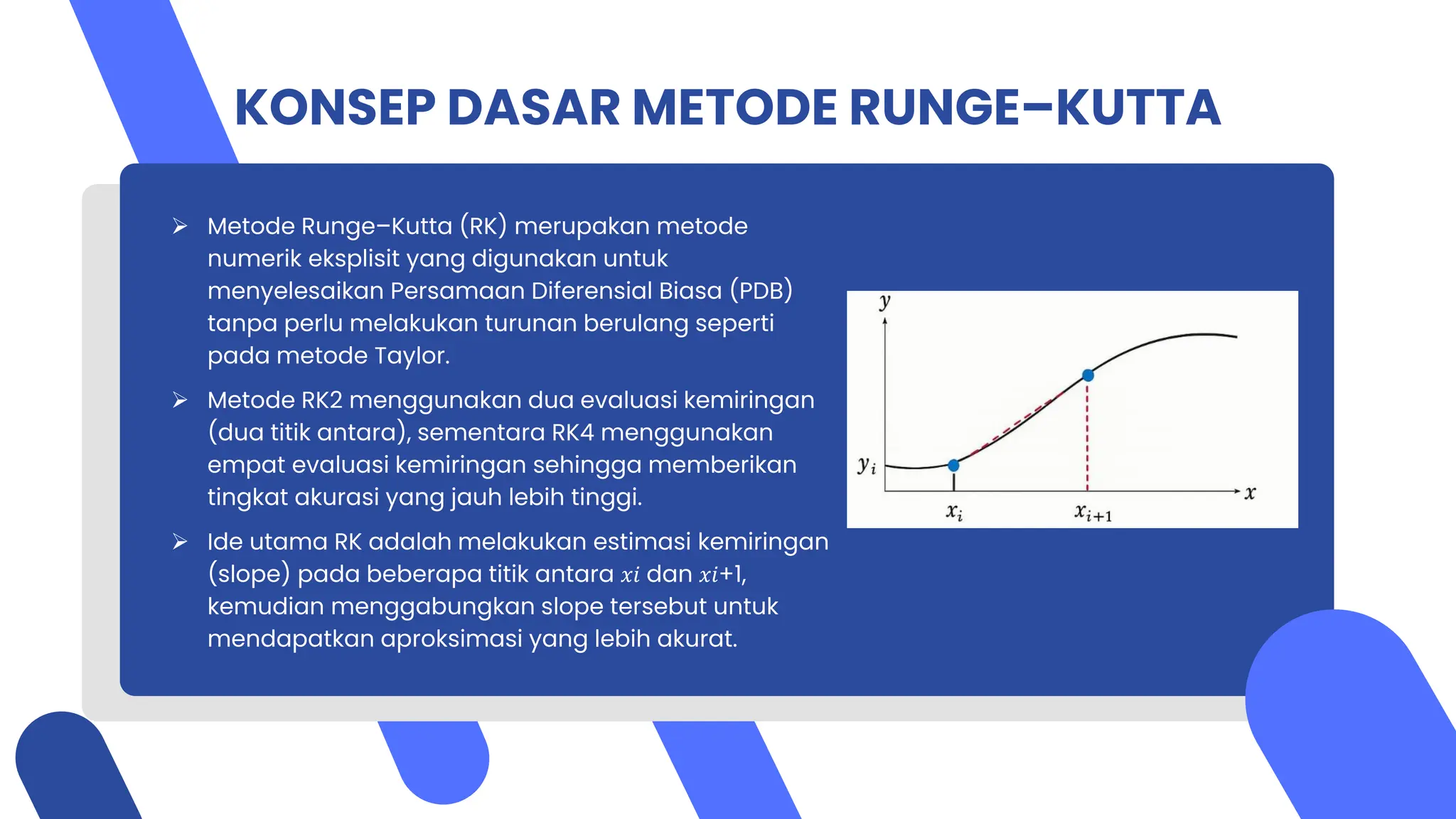 KONSEP DASAR METODE RUNGE–KUTTA
 Metode Runge–Kutta (RK) merupakan metode
numerik eksplisit yang digunakan untuk
menyelesaikan Persamaan Diferensial Biasa (PDB)
tanpa perlu melakukan turunan berulang seperti
pada metode Taylor.
 Metode RK2 menggunakan dua evaluasi kemiringan
(dua titik antara), sementara RK4 menggunakan
empat evaluasi kemiringan sehingga memberikan
tingkat akurasi yang jauh lebih tinggi.
 Ide utama RK adalah melakukan estimasi kemiringan
(slope) pada beberapa titik antara 𝑥𝑖 dan 𝑥𝑖+1,
kemudian menggabungkan slope tersebut untuk
mendapatkan aproksimasi yang lebih akurat.
 