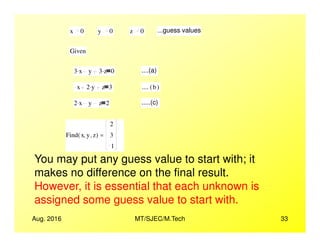 x 0 y 0 z 0 ...guess values
Given
3 x. y 3 z. 0 ....(a)
x 2 y. z 3 .... b( )
2 x. y z 2 .....(c)
2
Aug. 2016 MT/SJEC/M.Tech 33
Find x y, z,( )
2
3
1
=
You may put any guess value to start with; it
makes no difference on the final result.
However, it is essential that each unknown is
assigned some guess value to start with.
 