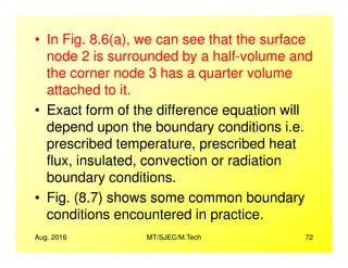 • In Fig. 8.6(a), we can see that the surface
node 2 is surrounded by a half-volume and
the corner node 3 has a quarter volume
attached to it.
• Exact form of the difference equation will
depend upon the boundary conditions i.e.
Aug. 2016 MT/SJEC/M.Tech 72
depend upon the boundary conditions i.e.
prescribed temperature, prescribed heat
flux, insulated, convection or radiation
boundary conditions.
• Fig. (8.7) shows some common boundary
conditions encountered in practice.
 
