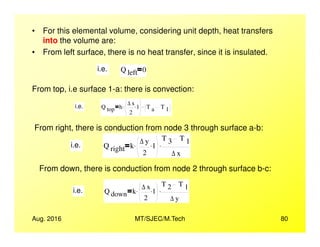 • For this elemental volume, considering unit depth, heat transfers
into the volume are:
• From left surface, there is no heat transfer, since it is insulated.
i.e. Q left 0
From top, i.e surface 1-a: there is convection:
i.e. Q top h
∆ x
2
1.. T a T 1
.
From right, there is conduction from node 3 through surface a-b:
Aug. 2016 MT/SJEC/M.Tech 80
From right, there is conduction from node 3 through surface a-b:
i.e. Q right k
∆ y
2
1..
T 3 T 1
∆ x
.
From down, there is conduction from node 2 through surface b-c:
i.e. Q down k
∆ x
2
1..
T 2 T 1
∆ y
.
 