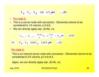 • For node 3:
• This is a corner node with convection . Elemental volume to be
considered is 1/4 volume, a-3-d-b.
• We can directly apply eqn. (8.46), viz.
T 4 T 1 T 4 150 4 T 2
. 0 .....(b)
Tm n 1,
Tm 1 n,
2 h. ∆x.
k
T a
. 2
h ∆x.
k
1. Tm n,
. 0 ....(8.46)
Aug. 2016 MT/SJEC/M.Tech 82
k k
i.e. T 4 T 1 0.05 T a
. 2.05 T 3
. 0 ....(c)
For node 4:
This is an internal corner node with convection . Elemental volume to be
considered is 3/4 volume, g-f-e-b-d-4.
Again, we can directly apply eqn. (8.44), viz.
 