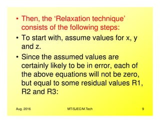 • Then, the ‘Relaxation technique’
consists of the following steps:
• To start with, assume values for x, y
and z.
• Since the assumed values are
certainly likely to be in error, each of
Aug. 2016 MT/SJEC/M.Tech 9
certainly likely to be in error, each of
the above equations will not be zero,
but equal to some residual values R1,
R2 and R3:
 