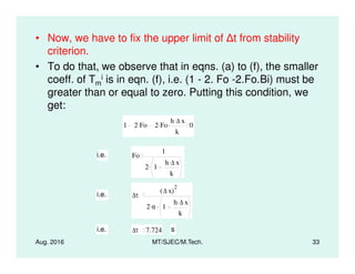 • Now, we have to fix the upper limit of t from stability
criterion.
• To do that, we observe that in eqns. (a) to (f), the smaller
coeff. of Tm
i is in eqn. (f), i.e. (1 - 2. Fo -2.Fo.Bi) must be
greater than or equal to zero. Putting this condition, we
get:
1 2 Fo. 2 Fo. h ∆ x.
k
. 0
Aug. 2016 MT/SJEC/M.Tech. 33
i.e. Fo
1
2 1
h ∆ x.
k
.
i.e. ∆τ
∆ x( )
2
2 α. 1
h ∆ x.
k
.
i.e. ∆τ 7.724 s
 